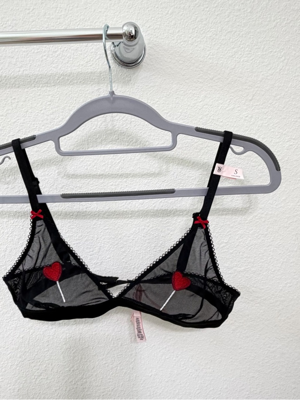 Small VS unlined Mesh Demi bra Black Embroidered Heart Lollipop - Picture 4 of 14